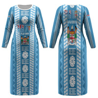 Fiji Day 1970 Family Matching Long Sleeve Bodycon Dress and Hawaiian Shirt For Fiji Ever Fiji Tapa Pattern Blue LT14 Mom's Dress Blue - Polynesian Pride