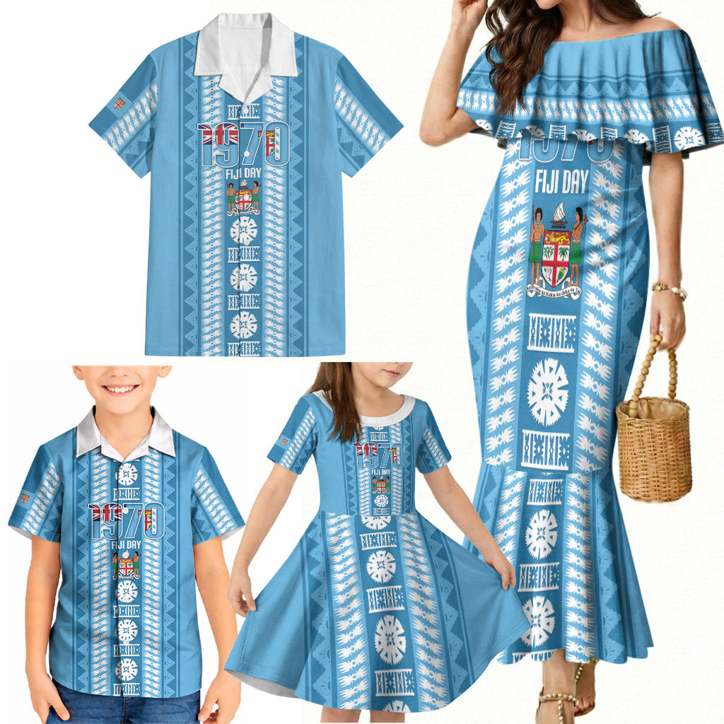 Fiji Day 1970 Family Matching Mermaid Dress and Hawaiian Shirt For Fiji Ever Fiji Tapa Pattern Blue LT14 - Polynesian Pride