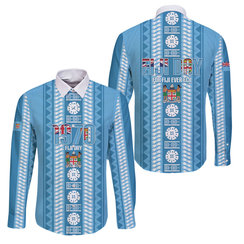 Fiji Day 1970 Family Matching Mermaid Dress and Hawaiian Shirt For Fiji Ever Fiji Tapa Pattern Blue LT14 Dad's Shirt - Long Sleeve Blue - Polynesian Pride