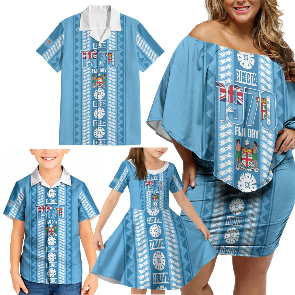 Fiji Day 1970 Family Matching Off Shoulder Short Dress and Hawaiian Shirt For Fiji Ever Fiji Tapa Pattern Blue LT14 - Polynesian Pride