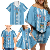 Fiji Day 1970 Family Matching Off Shoulder Short Dress and Hawaiian Shirt For Fiji Ever Fiji Tapa Pattern Blue LT14 - Polynesian Pride