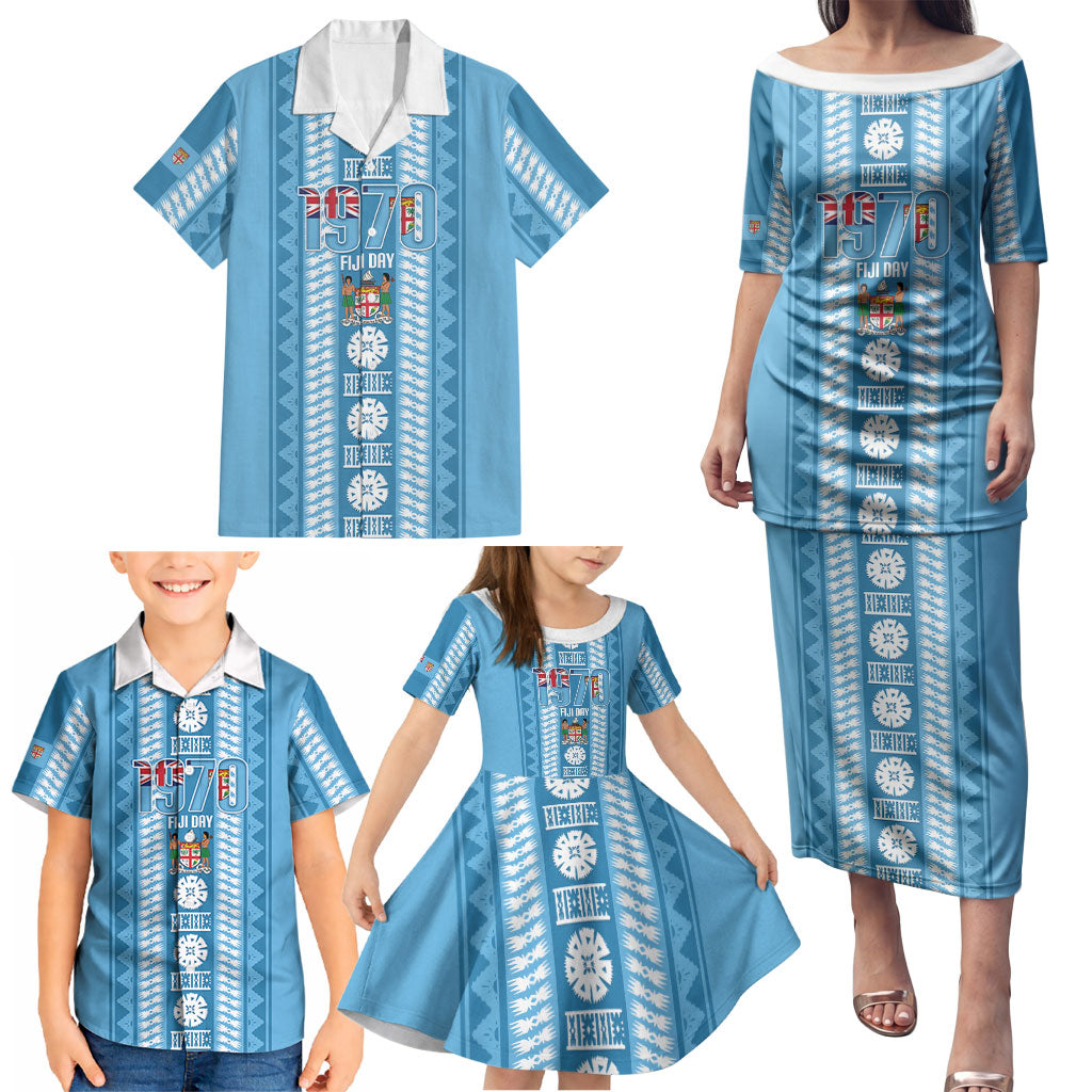 Fiji Day 1970 Family Matching Puletasi and Hawaiian Shirt For Fiji Ever Fiji Tapa Pattern Blue LT14 - Polynesian Pride