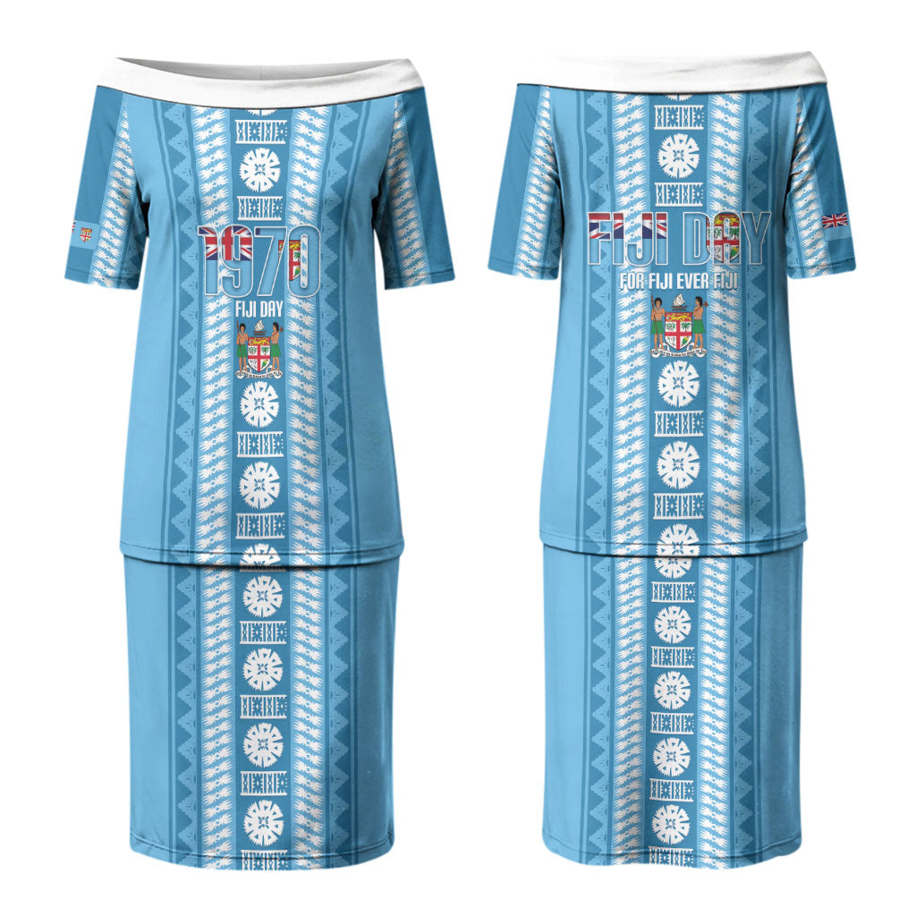 Fiji Day 1970 Family Matching Puletasi and Hawaiian Shirt For Fiji Ever Fiji Tapa Pattern Blue LT14 Mom's Dress Blue - Polynesian Pride