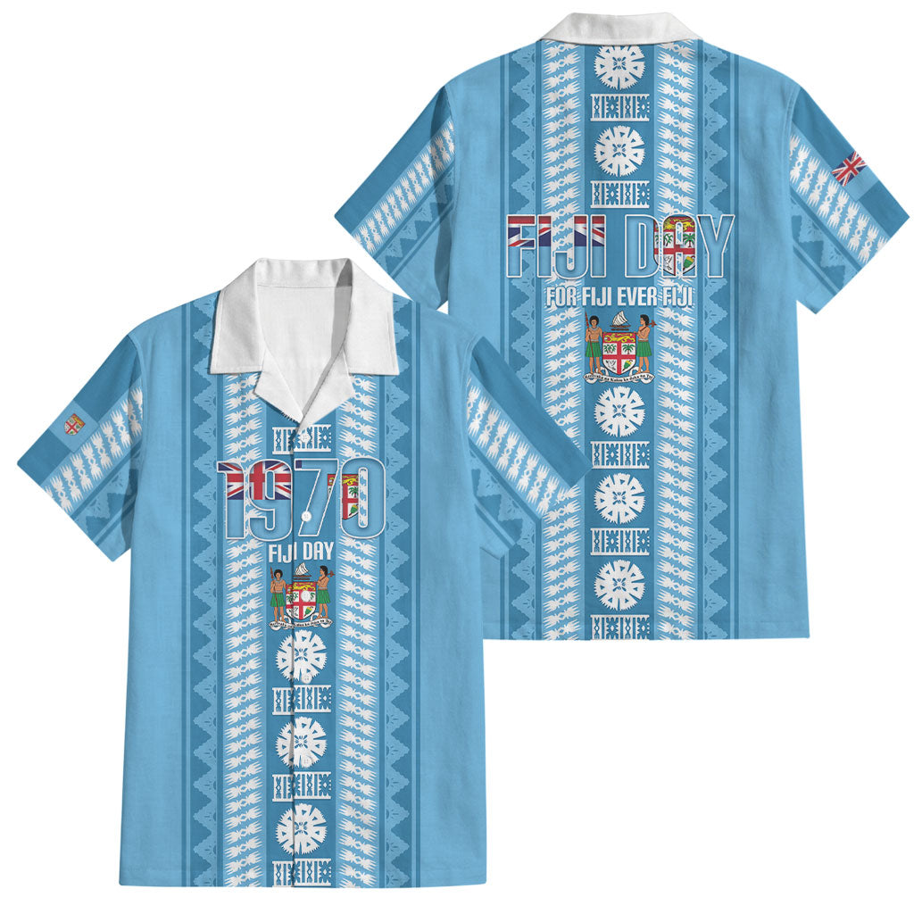 Fiji Day 1970 Family Matching Puletasi and Hawaiian Shirt For Fiji Ever Fiji Tapa Pattern Blue LT14 Dad's Shirt - Short Sleeve Blue - Polynesian Pride