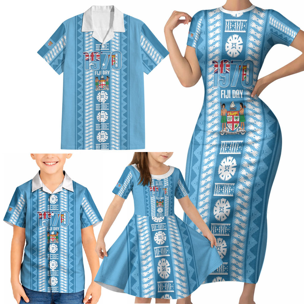 Fiji Day 1970 Family Matching Short Sleeve Bodycon Dress and Hawaiian Shirt For Fiji Ever Fiji Tapa Pattern Blue LT14 - Polynesian Pride