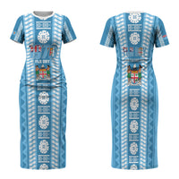 Fiji Day 1970 Family Matching Short Sleeve Bodycon Dress and Hawaiian Shirt For Fiji Ever Fiji Tapa Pattern Blue LT14 Mom's Dress Blue - Polynesian Pride