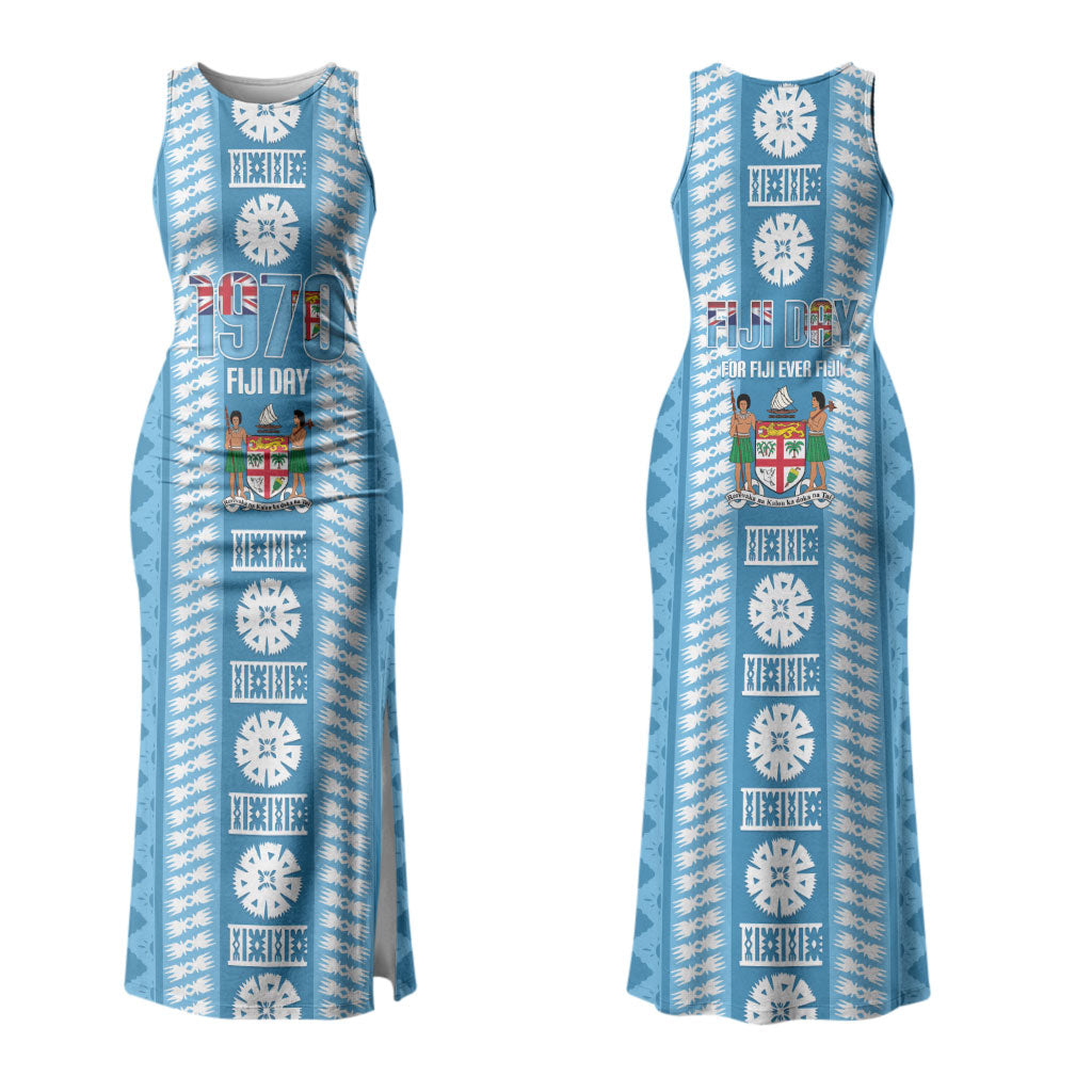Fiji Day 1970 Family Matching Tank Maxi Dress and Hawaiian Shirt For Fiji Ever Fiji Tapa Pattern Blue LT14 Mom's Dress Blue - Polynesian Pride