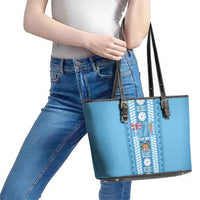 Fiji Day 1970 Leather Tote Bag For Fiji Ever Fiji Tapa Pattern Blue LT14 - Polynesian Pride