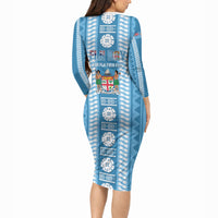 Fiji Day 1970 Long Sleeve Bodycon Dress For Fiji Ever Fiji Tapa Pattern Blue LT14 - Polynesian Pride
