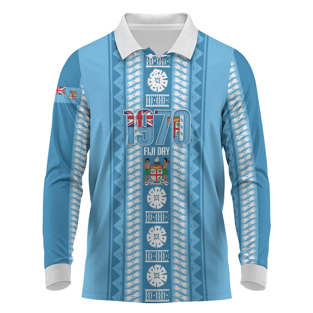 Fiji Day 1970 Long Sleeve Polo Shirt For Fiji Ever Fiji Tapa Pattern Blue LT14 Blue - Polynesian Pride