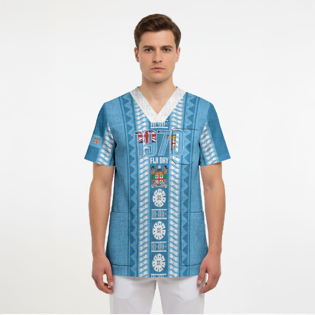 Fiji Day 1970 Scrub Top For Fiji Ever Fiji Tapa Pattern Blue LT14 - Polynesian Pride
