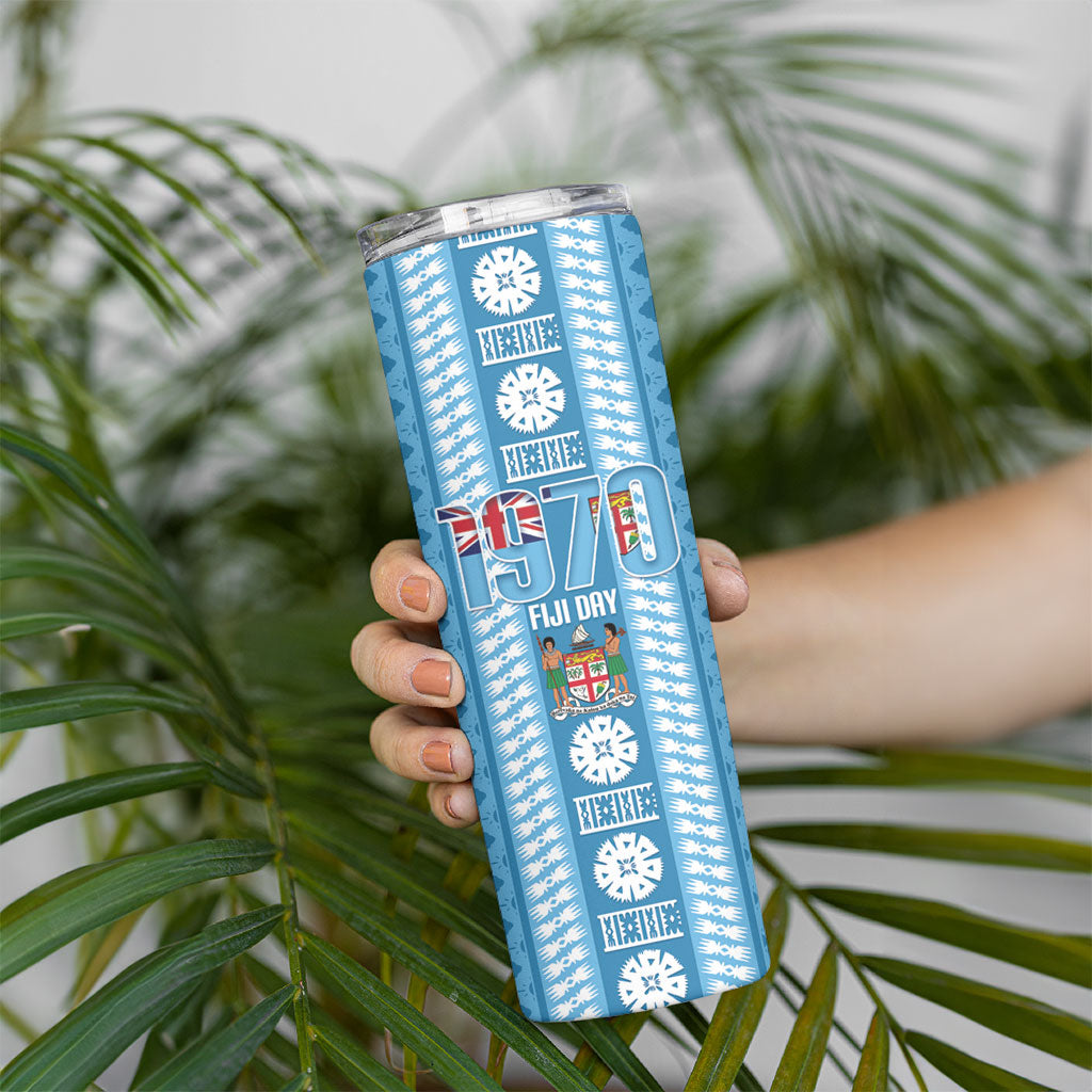 Fiji Day 1970 Skinny Tumbler For Fiji Ever Fiji Tapa Pattern Blue LT14 - Polynesian Pride