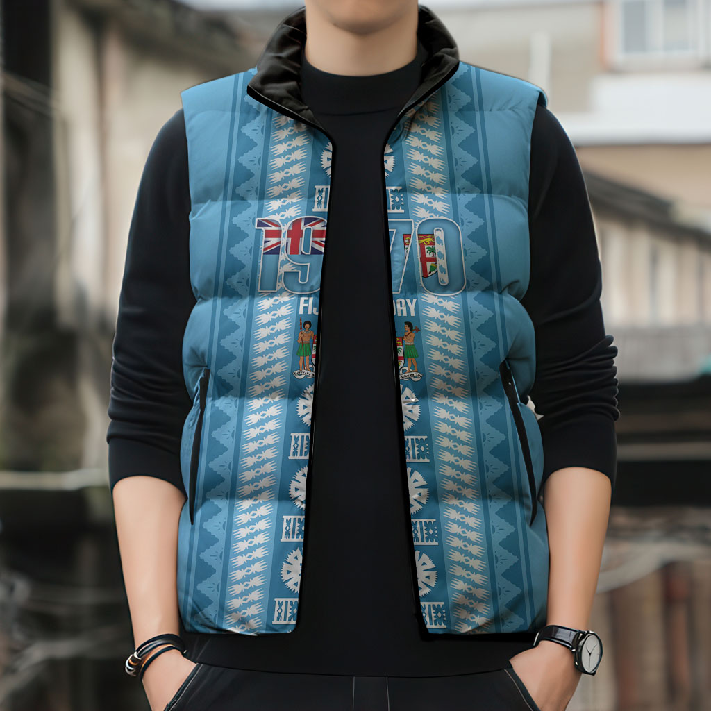 Fiji Day 1970 Sleeveless Puffer Jacket For Fiji Ever Fiji Tapa Pattern Blue LT14 - Polynesian Pride