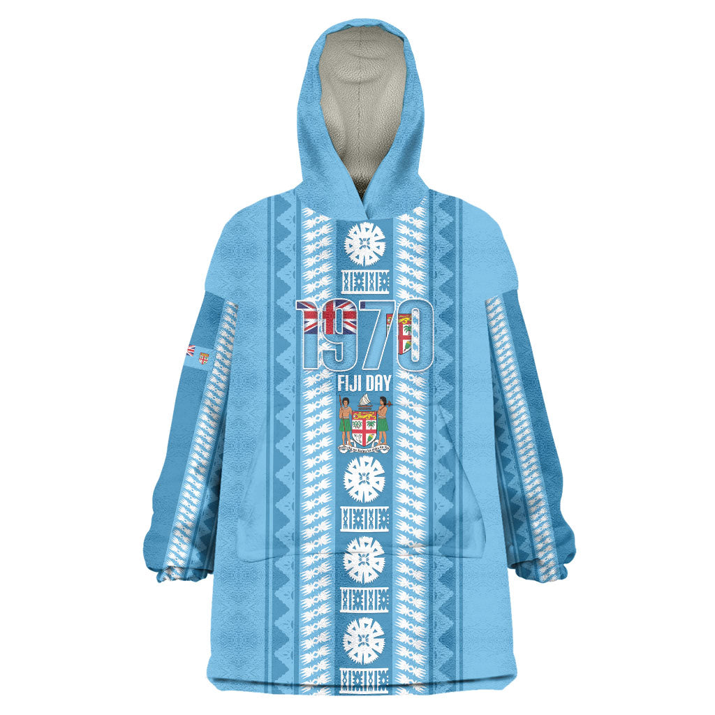 Fiji Day 1970 Wearable Blanket Hoodie For Fiji Ever Fiji Tapa Pattern Blue LT14 One Size Blue - Polynesian Pride