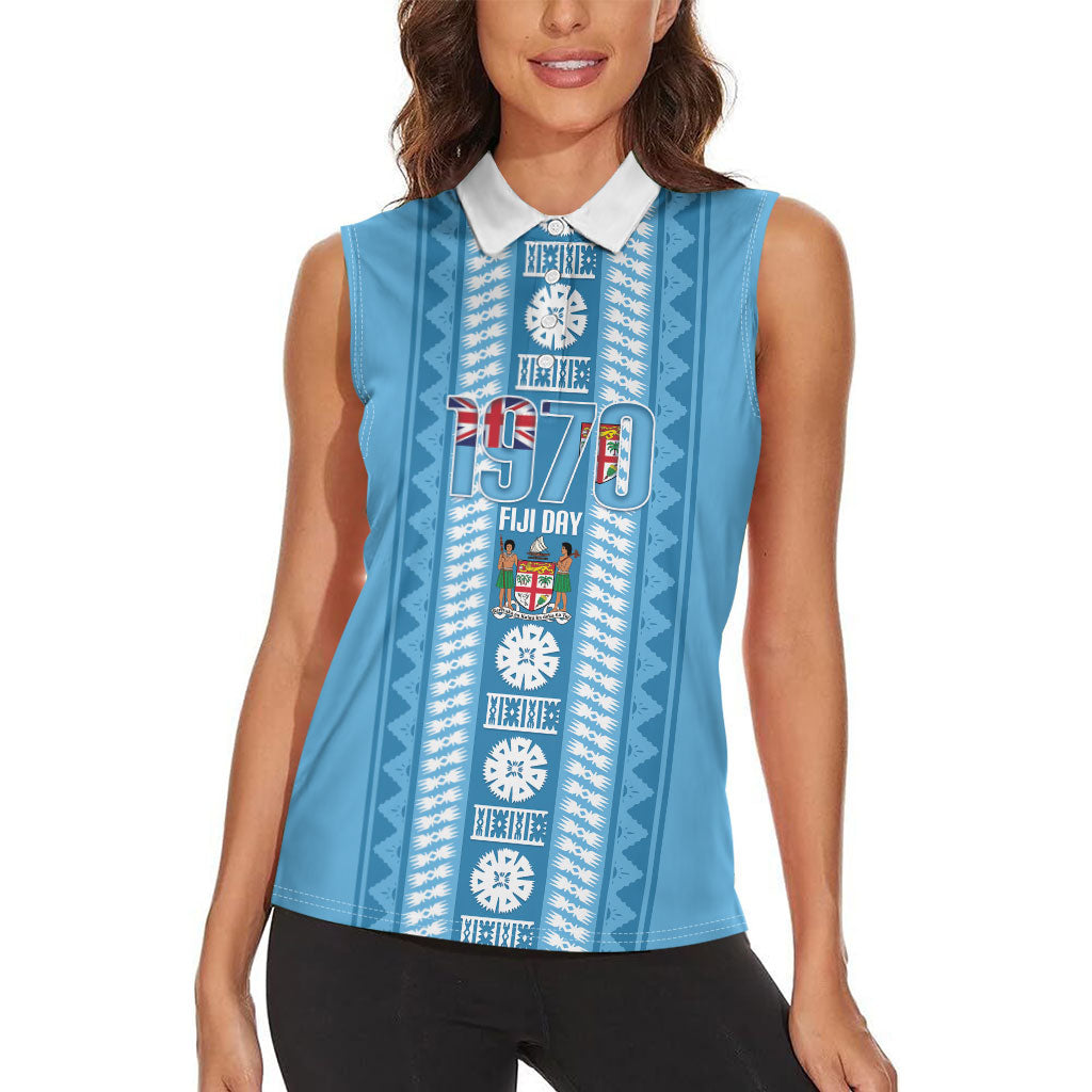 Fiji Day 1970 Women Sleeveless Polo Shirt For Fiji Ever Fiji Tapa Pattern Blue LT14 - Polynesian Pride
