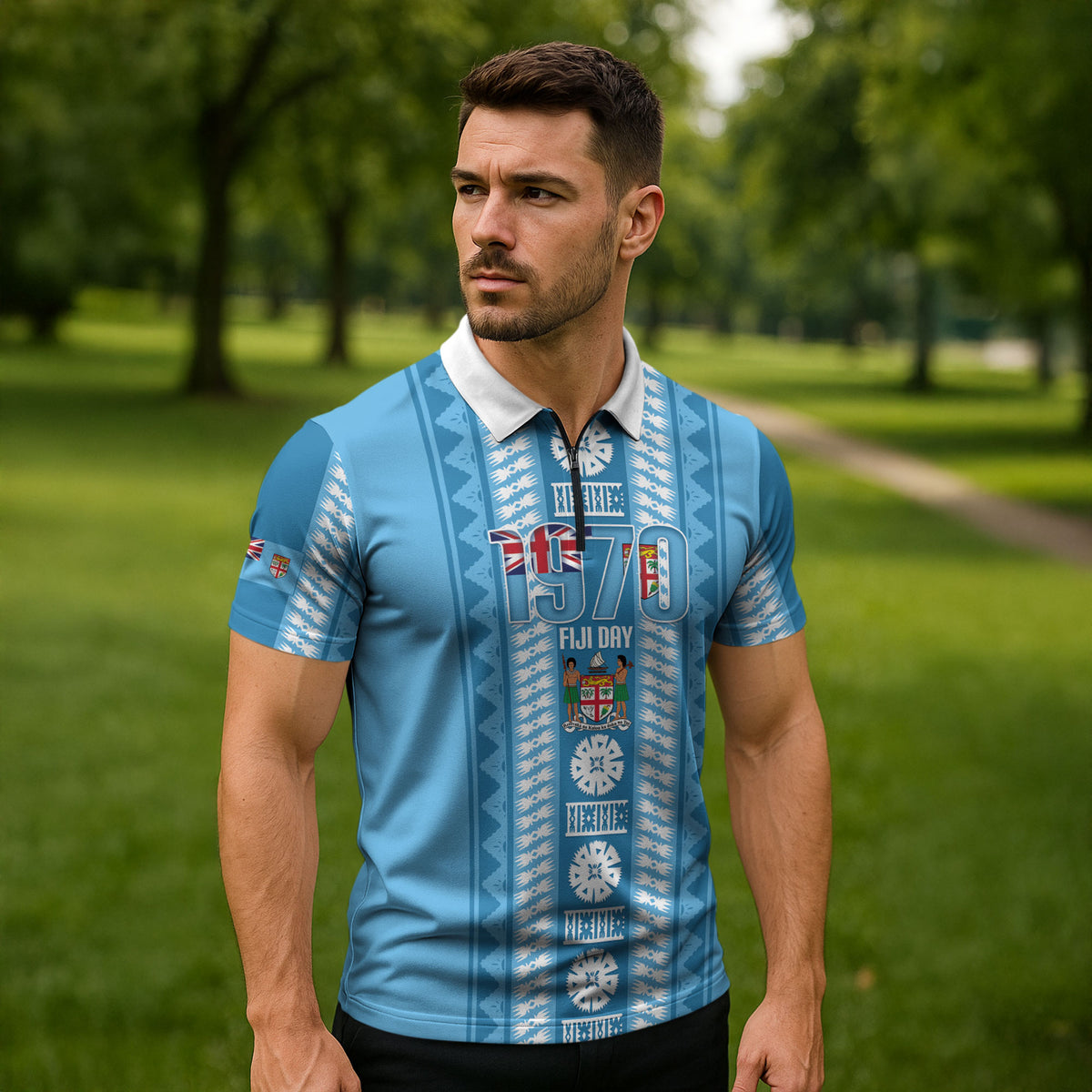 Fiji Day 1970 Zipper Polo Shirt For Fiji Ever Fiji Tapa Pattern Blue LT14 - Polynesian Pride