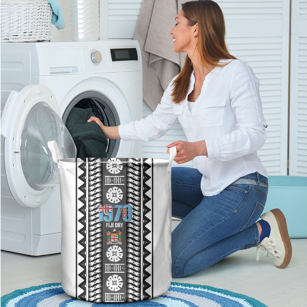 Fiji Day 1970 Laundry Basket For Fiji Ever Fiji Tapa Pattern White LT14 - Polynesian Pride