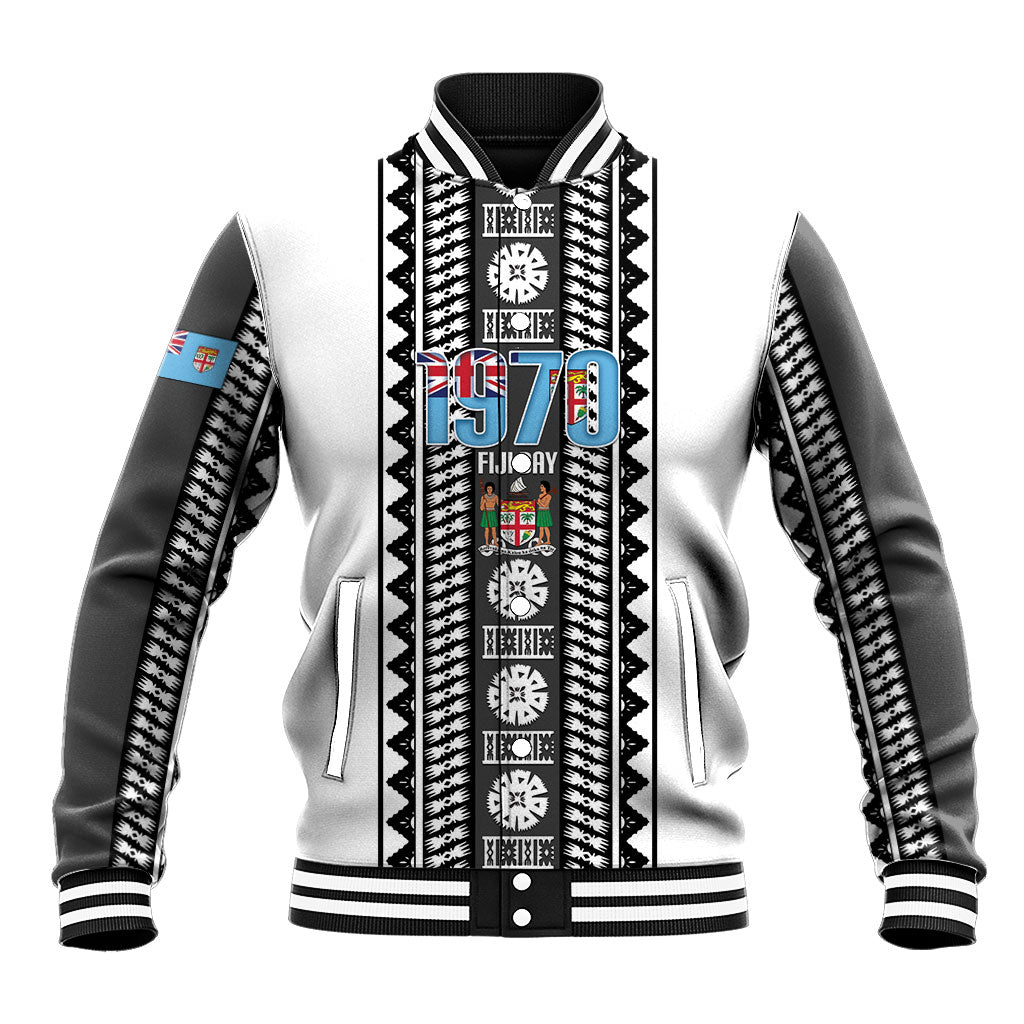 Fiji Day 1970 Baseball Jacket For Fiji Ever Fiji Tapa Pattern White LT14 Unisex White - Polynesian Pride