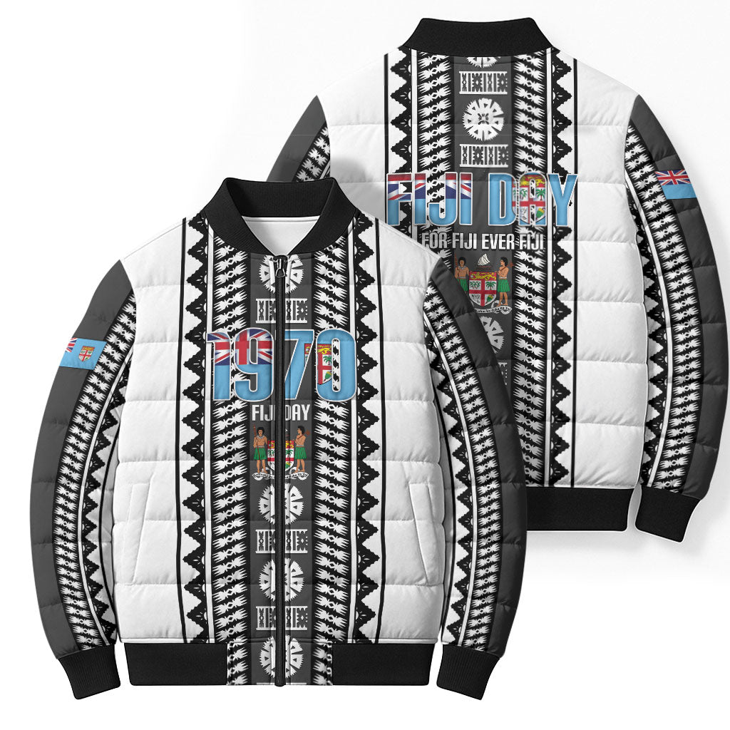 Fiji Day 1970 Bomber Puffer Jacket For Fiji Ever Fiji Tapa Pattern White LT14 - Polynesian Pride