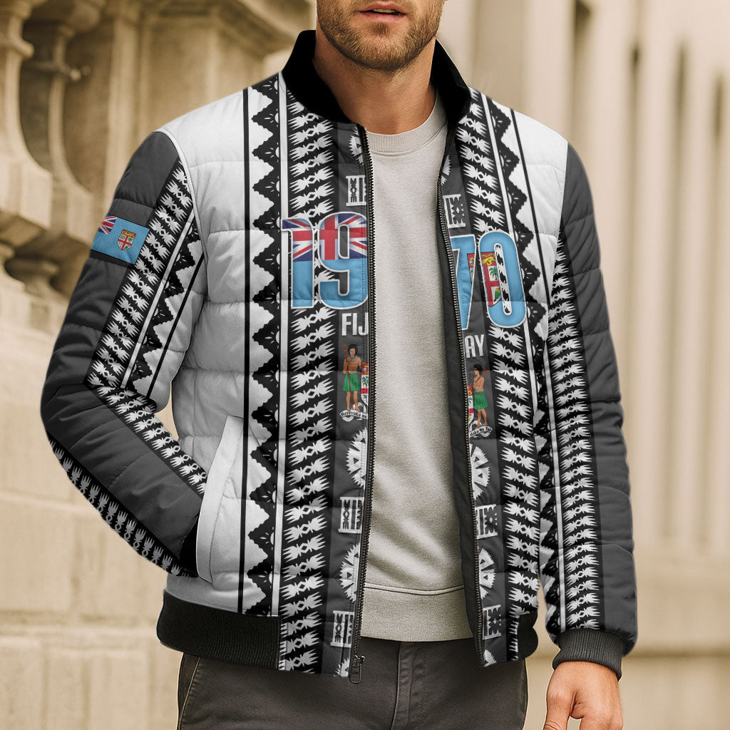 Fiji Day 1970 Bomber Puffer Jacket For Fiji Ever Fiji Tapa Pattern White LT14 - Polynesian Pride