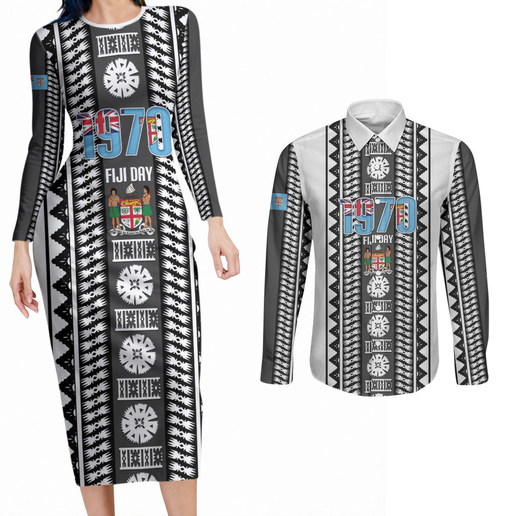 Fiji Day 1970 Couples Matching Long Sleeve Bodycon Dress and Long Sleeve Button Shirt For Fiji Ever Fiji Tapa Pattern White LT14 White - Polynesian Pride