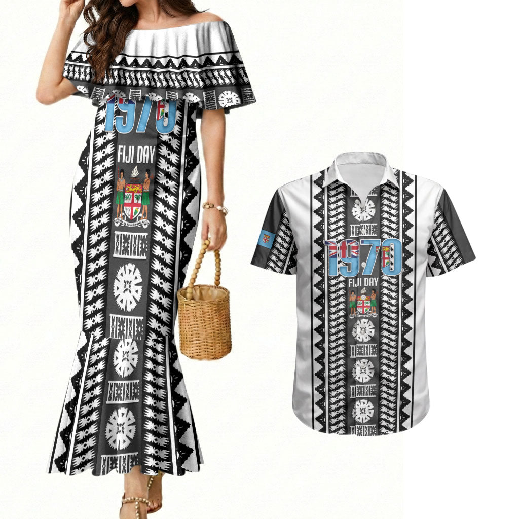Fiji Day 1970 Couples Matching Mermaid Dress and Hawaiian Shirt For Fiji Ever Fiji Tapa Pattern White LT14 White - Polynesian Pride