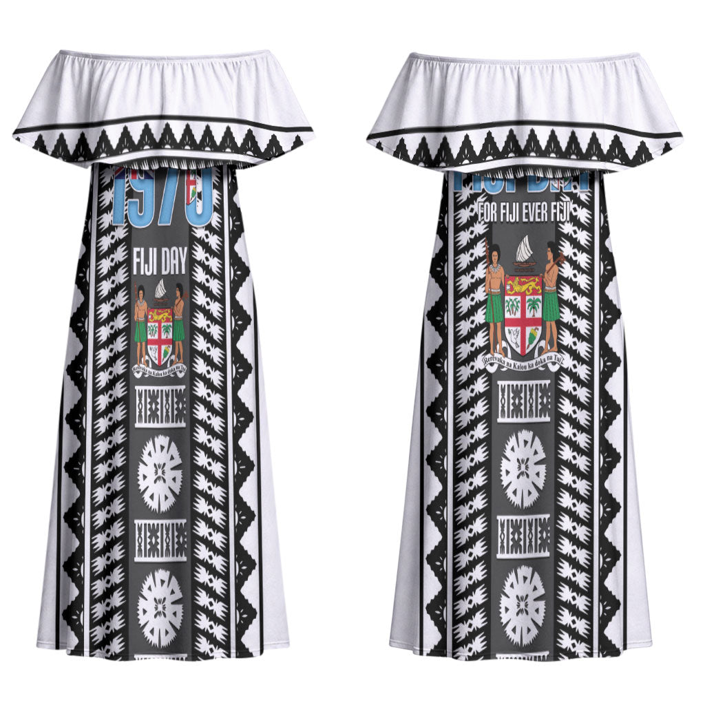 Fiji Day 1970 Couples Matching Off Shoulder Maxi Dress and Hawaiian Shirt For Fiji Ever Fiji Tapa Pattern White LT14 - Polynesian Pride