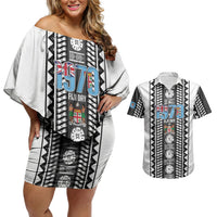 Fiji Day 1970 Couples Matching Off Shoulder Short Dress and Hawaiian Shirt For Fiji Ever Fiji Tapa Pattern White LT14 White - Polynesian Pride