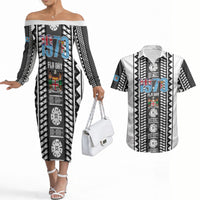 Fiji Day 1970 Couples Matching Off The Shoulder Long Sleeve Dress and Hawaiian Shirt For Fiji Ever Fiji Tapa Pattern White LT14 White - Polynesian Pride