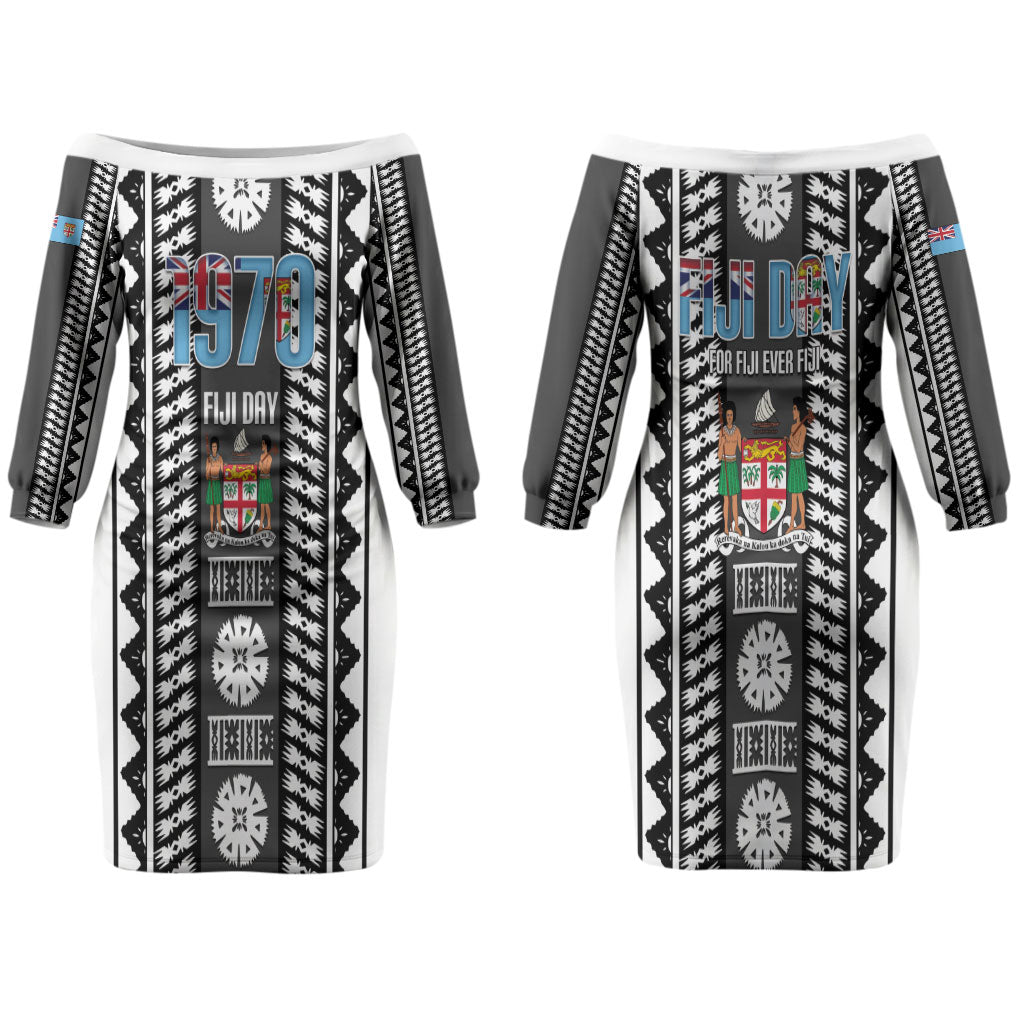 Fiji Day 1970 Couples Matching Off The Shoulder Long Sleeve Dress and Hawaiian Shirt For Fiji Ever Fiji Tapa Pattern White LT14 - Polynesian Pride