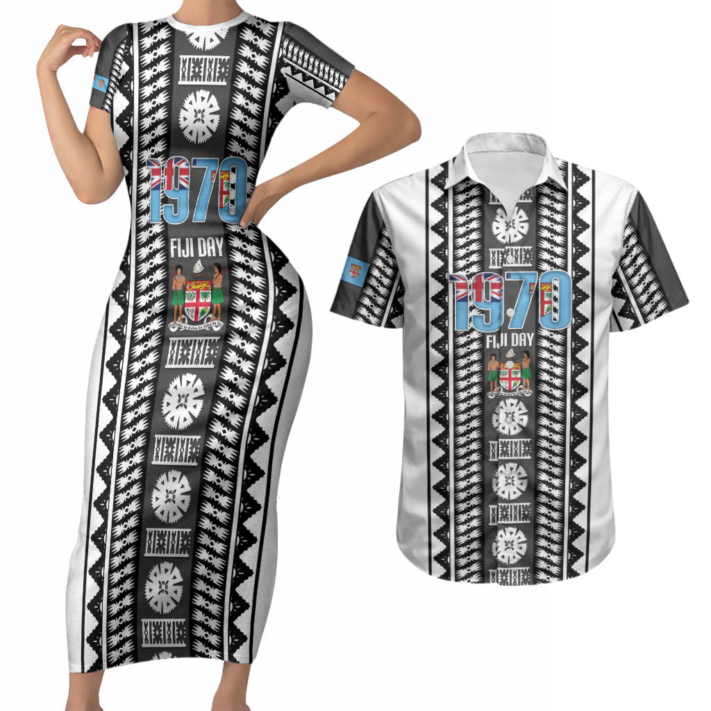 Fiji Day 1970 Couples Matching Short Sleeve Bodycon Dress and Hawaiian Shirt For Fiji Ever Fiji Tapa Pattern White LT14 White - Polynesian Pride