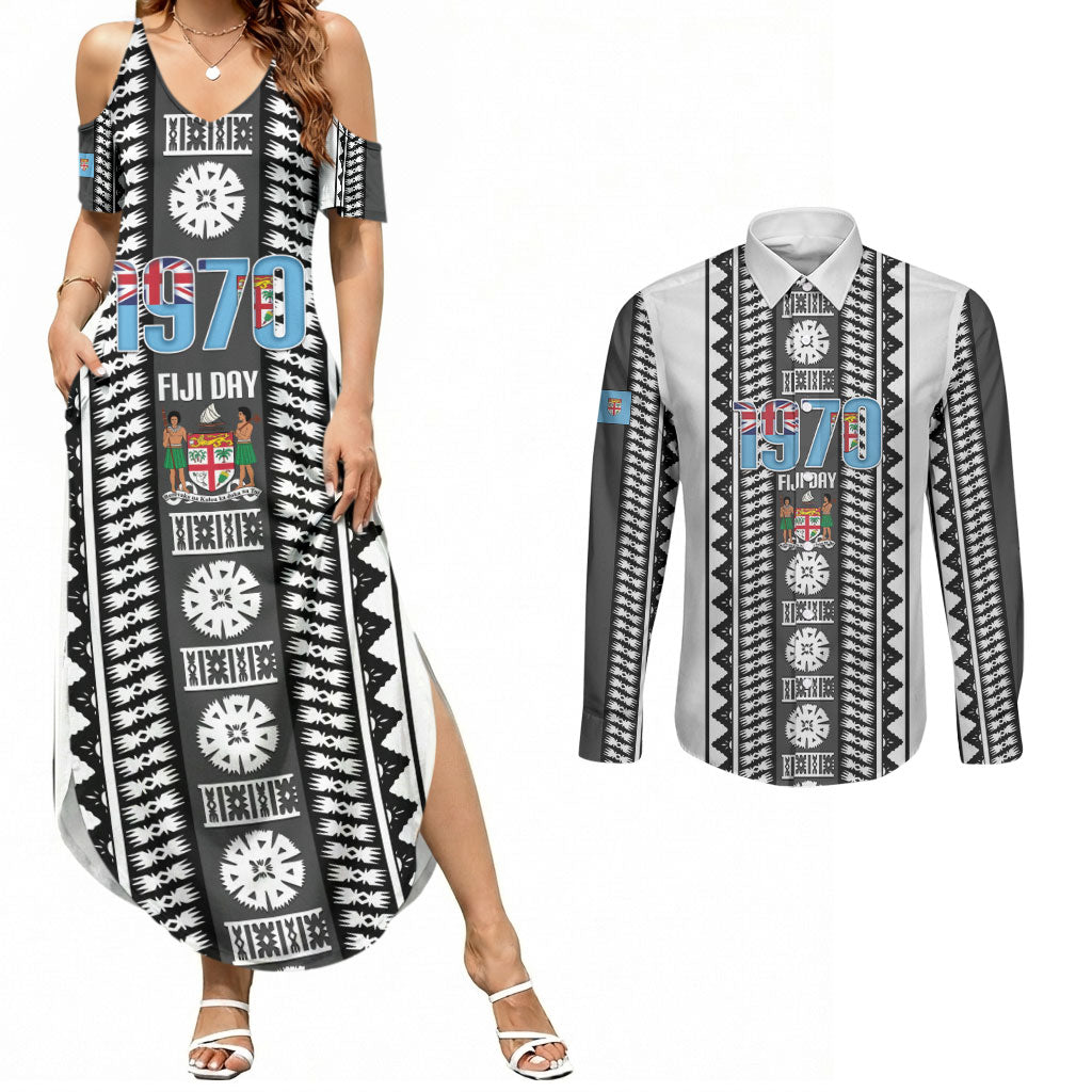 Fiji Day 1970 Couples Matching Summer Maxi Dress and Long Sleeve Button Shirt For Fiji Ever Fiji Tapa Pattern White LT14 White - Polynesian Pride