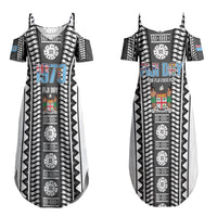 Fiji Day 1970 Couples Matching Summer Maxi Dress and Long Sleeve Button Shirt For Fiji Ever Fiji Tapa Pattern White LT14 - Polynesian Pride