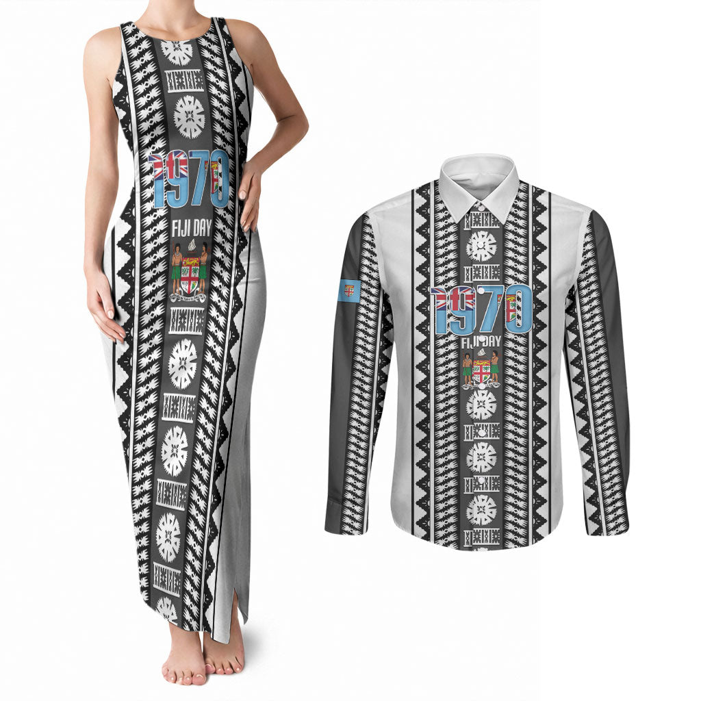Fiji Day 1970 Couples Matching Tank Maxi Dress and Long Sleeve Button Shirt For Fiji Ever Fiji Tapa Pattern White LT14 White - Polynesian Pride