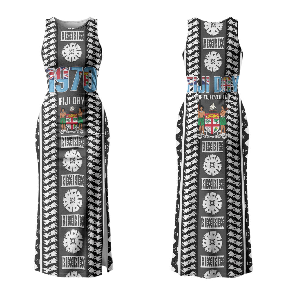 Fiji Day 1970 Couples Matching Tank Maxi Dress and Long Sleeve Button Shirt For Fiji Ever Fiji Tapa Pattern White LT14 - Polynesian Pride