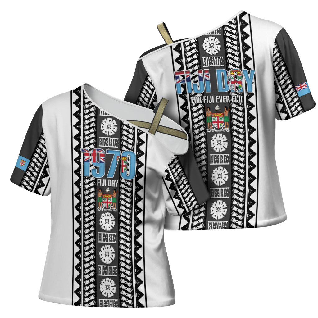 Fiji Day 1970 Cross Shoulder Shirt For Fiji Ever Fiji Tapa Pattern White LT14 - Polynesian Pride