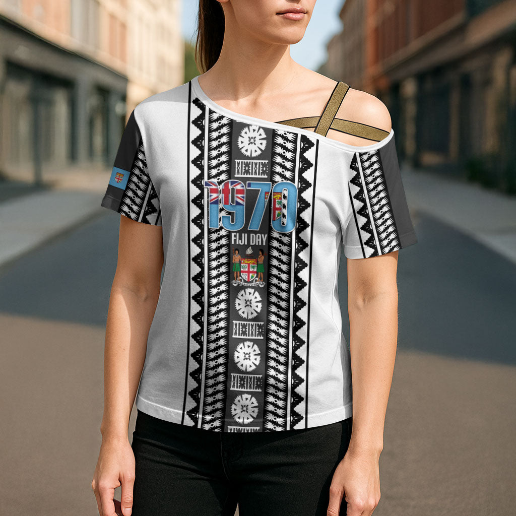 Fiji Day 1970 Cross Shoulder Shirt For Fiji Ever Fiji Tapa Pattern White LT14 - Polynesian Pride