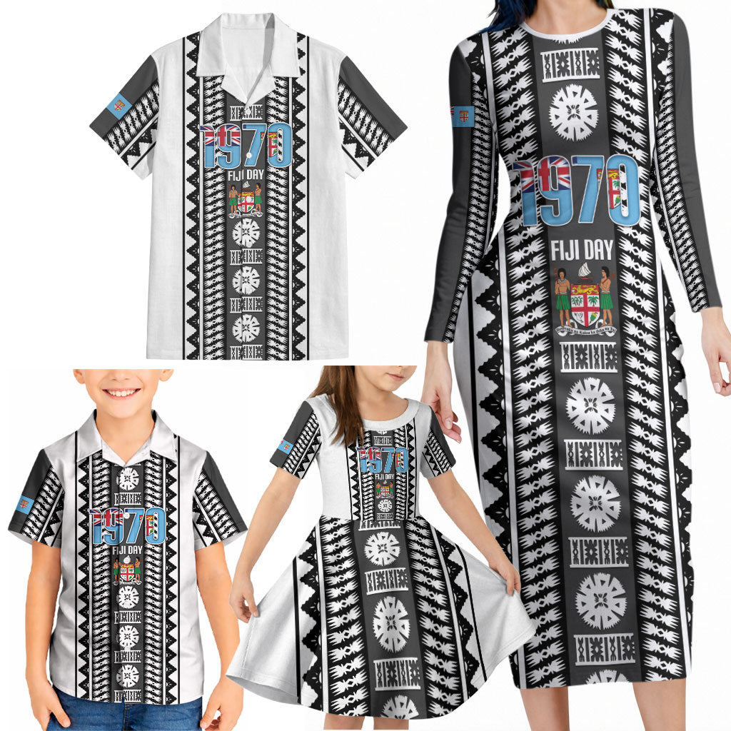 Fiji Day 1970 Family Matching Long Sleeve Bodycon Dress and Hawaiian Shirt For Fiji Ever Fiji Tapa Pattern White LT14 - Polynesian Pride