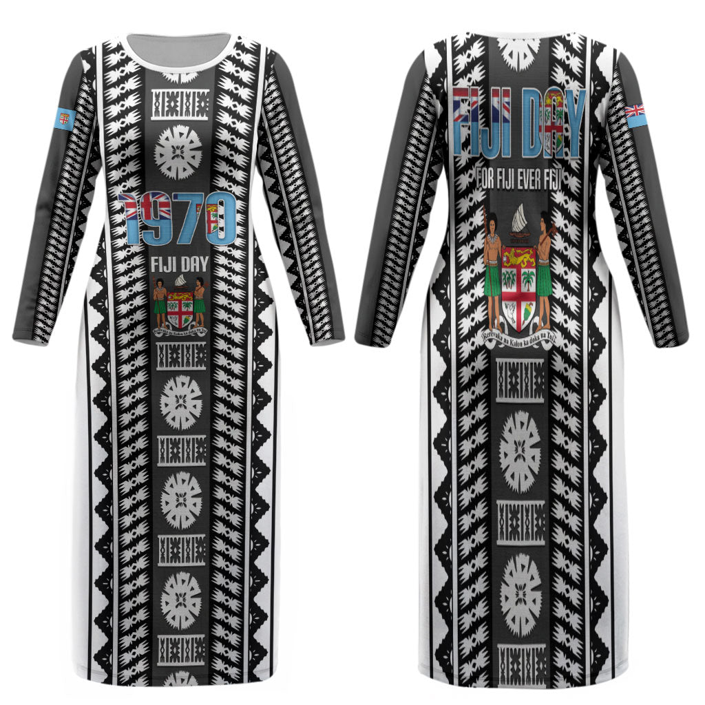 Fiji Day 1970 Family Matching Long Sleeve Bodycon Dress and Hawaiian Shirt For Fiji Ever Fiji Tapa Pattern White LT14 Mom's Dress White - Polynesian Pride
