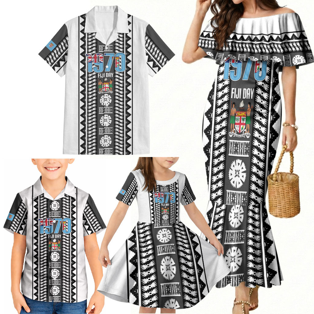 Fiji Day 1970 Family Matching Mermaid Dress and Hawaiian Shirt For Fiji Ever Fiji Tapa Pattern White LT14 - Polynesian Pride