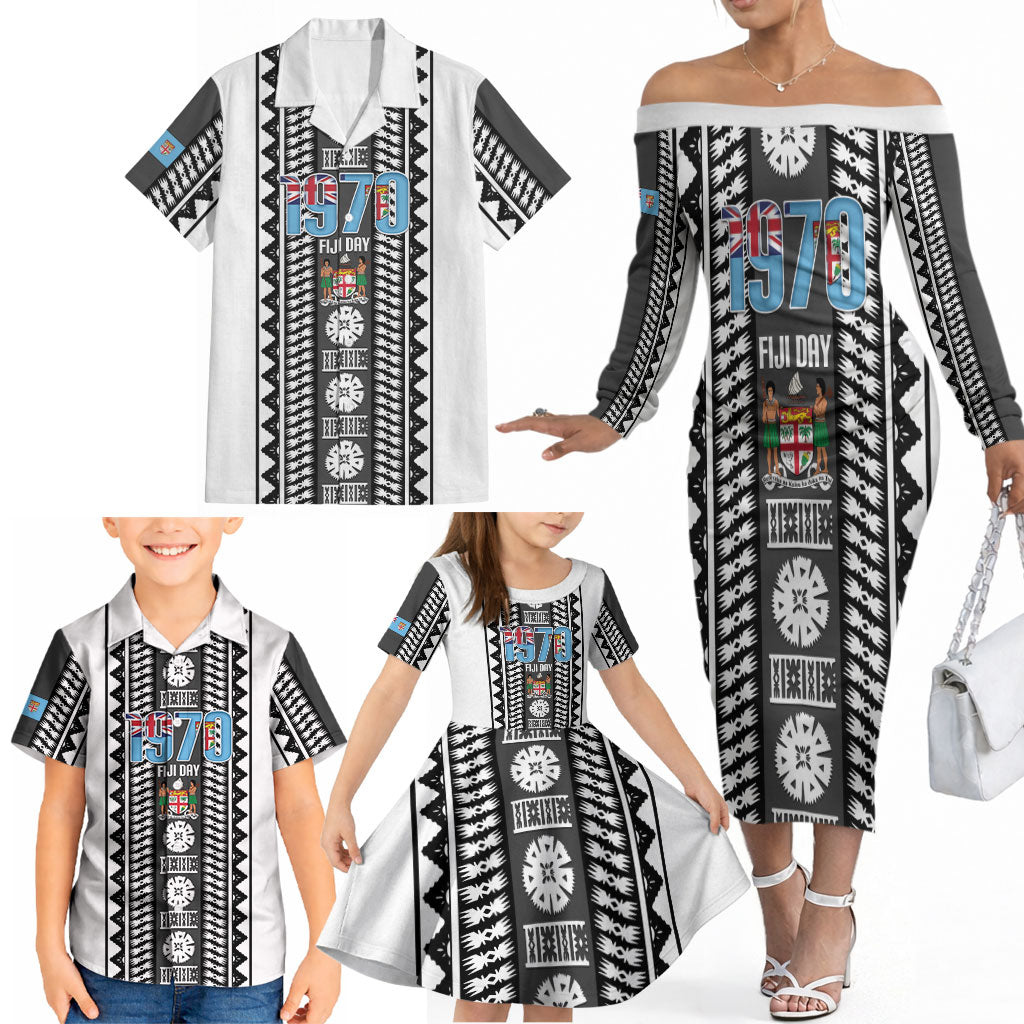 Fiji Day 1970 Family Matching Off The Shoulder Long Sleeve Dress and Hawaiian Shirt For Fiji Ever Fiji Tapa Pattern White LT14 - Polynesian Pride