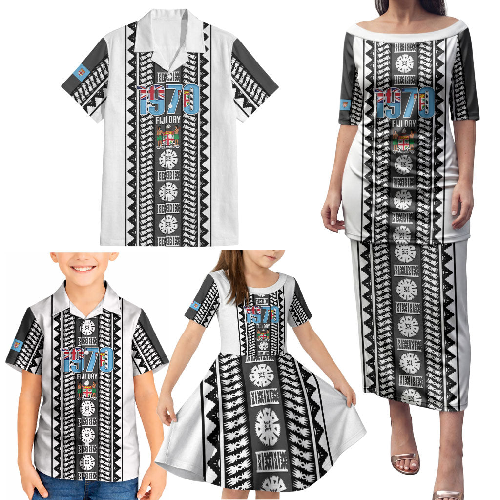 Fiji Day 1970 Family Matching Puletasi and Hawaiian Shirt For Fiji Ever Fiji Tapa Pattern White LT14 - Polynesian Pride
