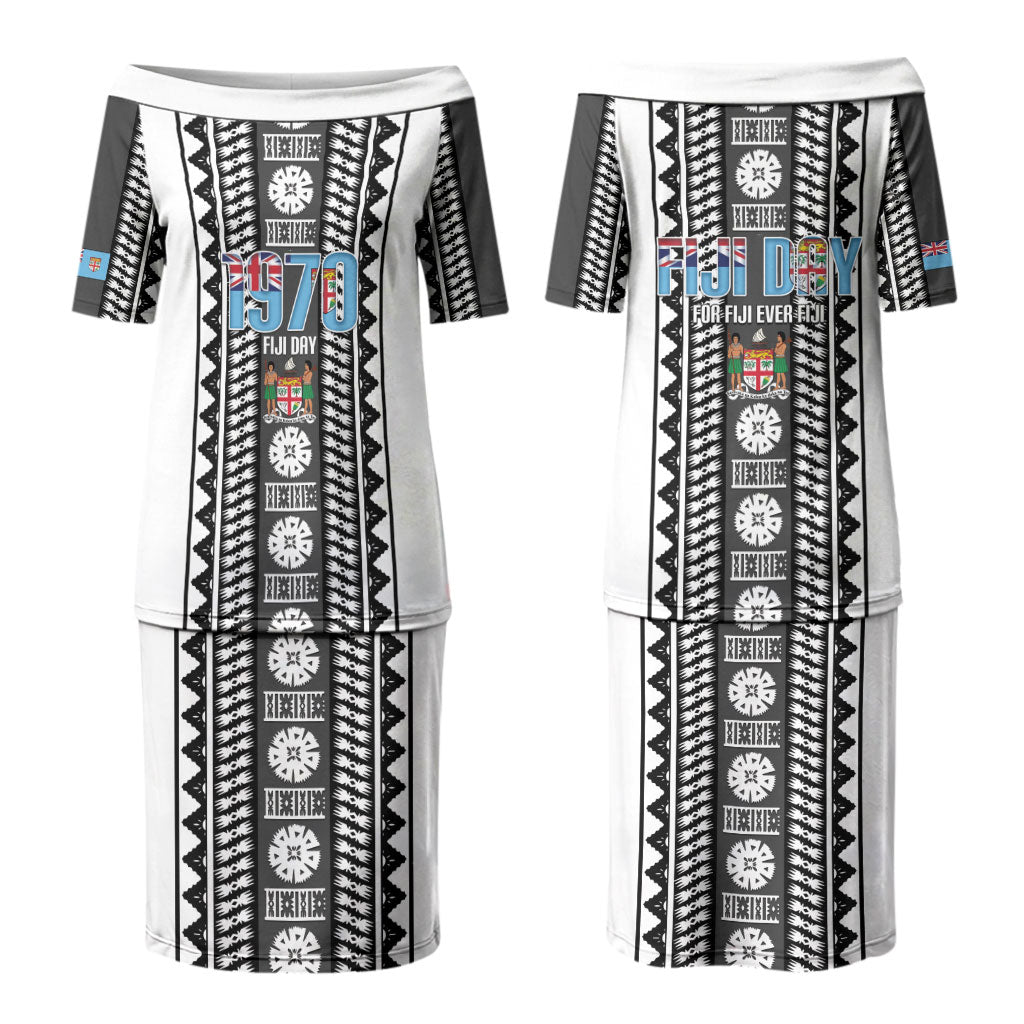 Fiji Day 1970 Family Matching Puletasi and Hawaiian Shirt For Fiji Ever Fiji Tapa Pattern White LT14 Mom's Dress White - Polynesian Pride