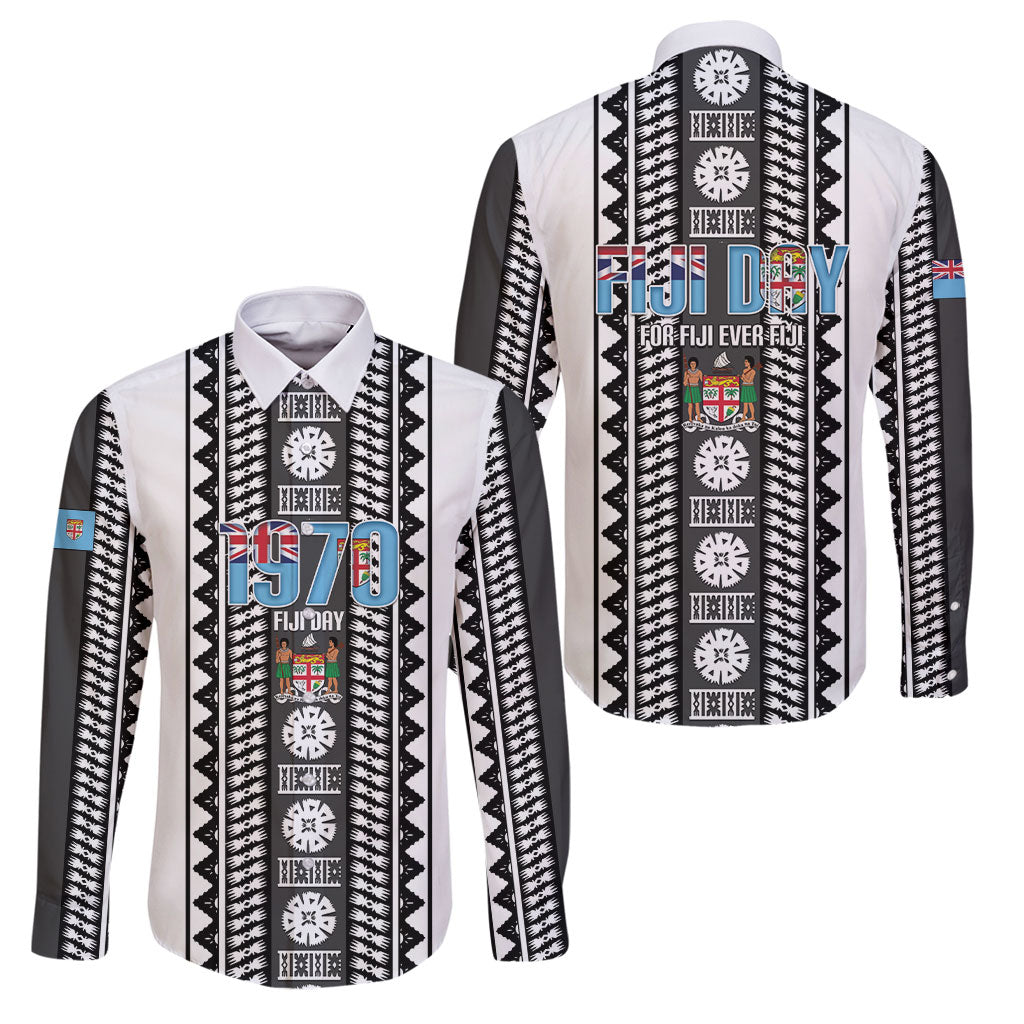 Fiji Day 1970 Family Matching Puletasi and Hawaiian Shirt For Fiji Ever Fiji Tapa Pattern White LT14 Dad's Shirt - Long Sleeve White - Polynesian Pride