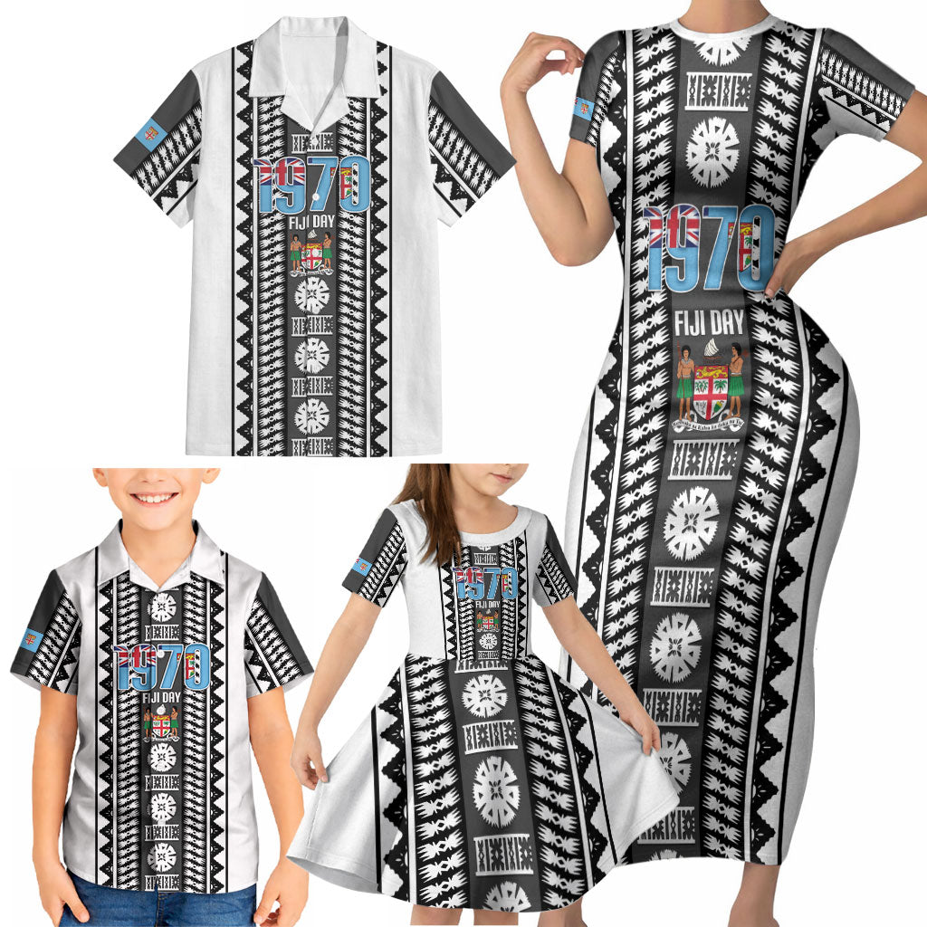 Fiji Day 1970 Family Matching Short Sleeve Bodycon Dress and Hawaiian Shirt For Fiji Ever Fiji Tapa Pattern White LT14 - Polynesian Pride