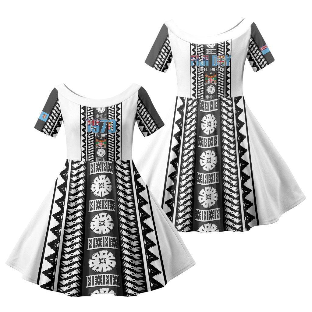 Fiji Day 1970 Family Matching Short Sleeve Bodycon Dress and Hawaiian Shirt For Fiji Ever Fiji Tapa Pattern White LT14 Daughter's Dress White - Polynesian Pride