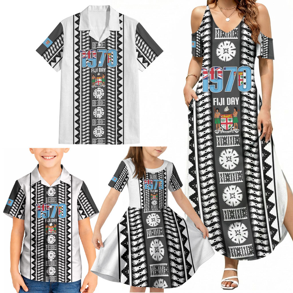 Fiji Day 1970 Family Matching Summer Maxi Dress and Hawaiian Shirt For Fiji Ever Fiji Tapa Pattern White LT14 - Polynesian Pride