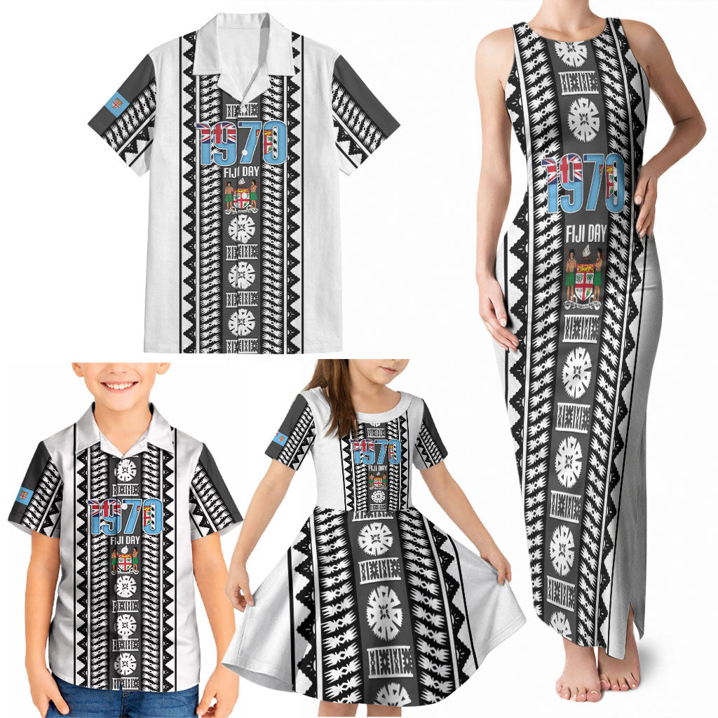 Fiji Day 1970 Family Matching Tank Maxi Dress and Hawaiian Shirt For Fiji Ever Fiji Tapa Pattern White LT14 - Polynesian Pride