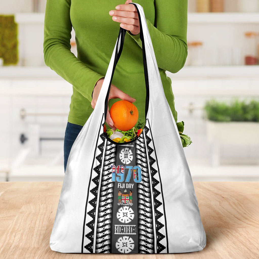 Fiji Day 1970 Grocery Bag For Fiji Ever Fiji Tapa Pattern White LT14 - Polynesian Pride