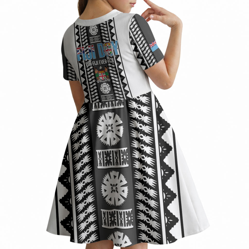 Fiji Day 1970 Kid Short Sleeve Dress For Fiji Ever Fiji Tapa Pattern White LT14 - Polynesian Pride